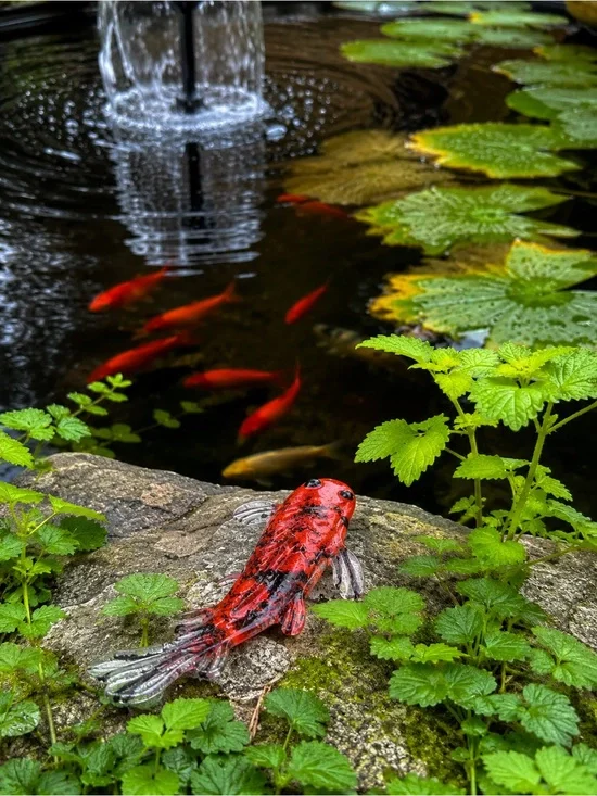 Artisan Fused Glass “Crimson Ember” Koi Garden Art Pond & Garden Sculpture