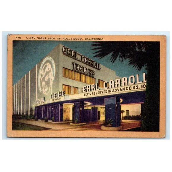 Vintage Postcard Los Angeles Hollywood California Earl Carroll‎ Theater Posted