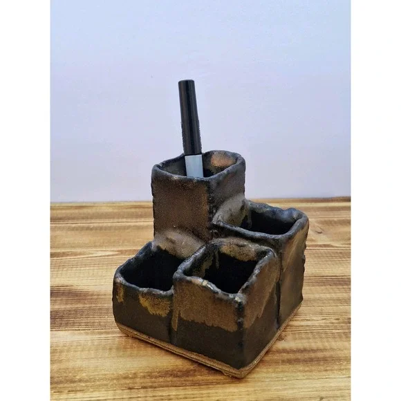 Pen Pencil Holder Earthen Tone‎ ware 4 Slot Tired Hand-crafted Artisan Glaze Vtg
