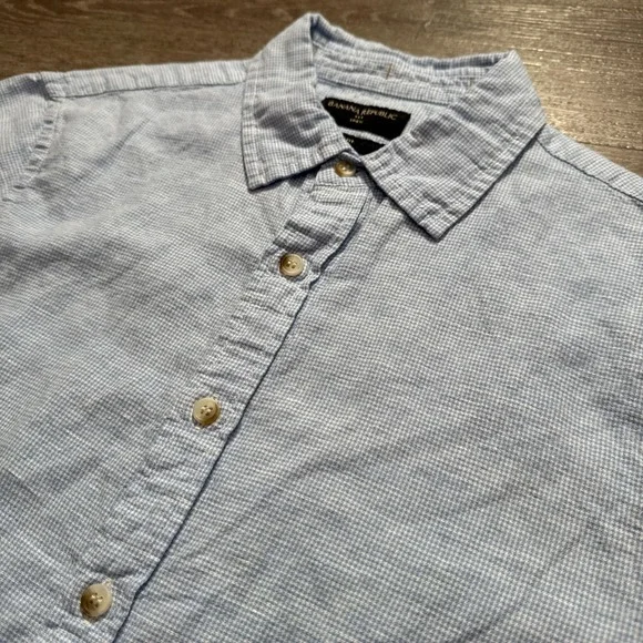 Banana Republic Shirt Mens Small Blue Houndstooth Linen Blend Costal Beach Adult
