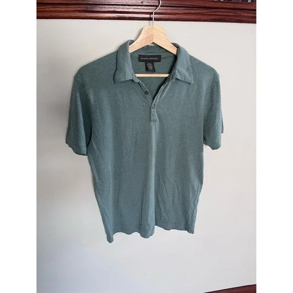 Banana Republic Mens Polo Shirt Medium Green Blue‎ Stripe Short Sleeve Cotton
