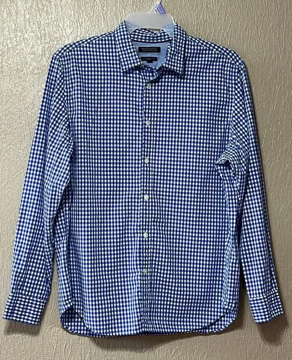 Banana Republic Camden Fit Button Up Gingham Shirt Royal Blue Academia Size XL