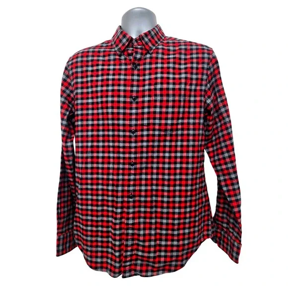 Banana Republic Mens Red Black Gray Grant Fit Luxe Flannel Button Down‎ Shirt M