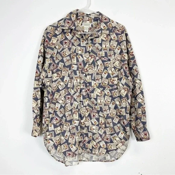 Banana Republic Safari Travel Shirt Mens Medium Ski Club Stamp AOP Button Down