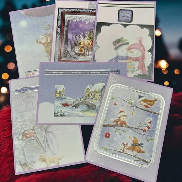 Handmade Christmas Cards with Envelopes Colorful Set of 6 Santa Birds Dog Purple