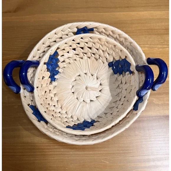 Vintage Wicker Bread Baskets Set of 2 Blue Ceramic Handles