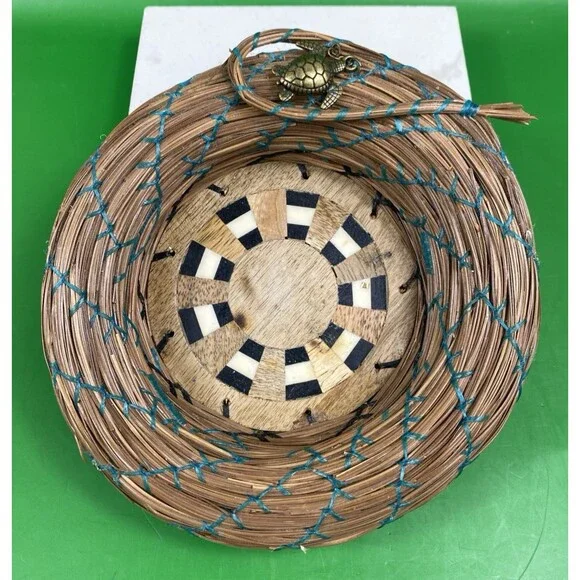 Small Hand Woven Handmade Pine Needle Coiled Basket 6” with Sea Turtle Charm
