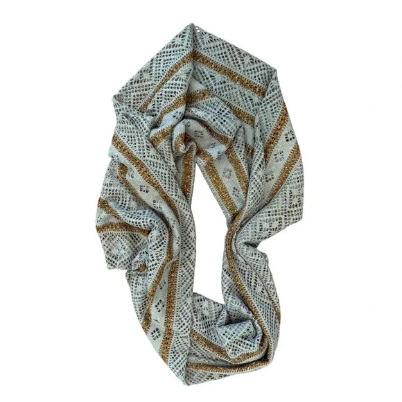 Womens Gold Metallic Thread Striped Open Knit‎ Infinity Scarf Wrap Neutral
