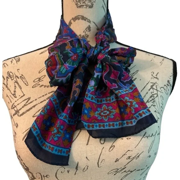 Scarf, geometric print in rich colors, oblong, silky feel. Vintage.