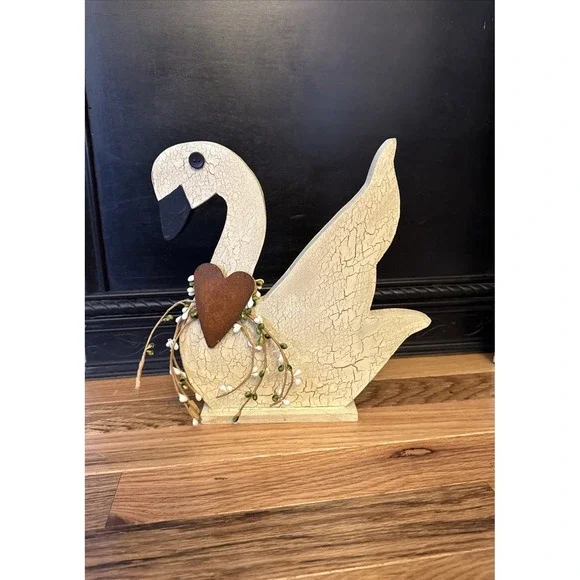 Country Farmhouse Wooden Swan Decor Distressed Paint Look