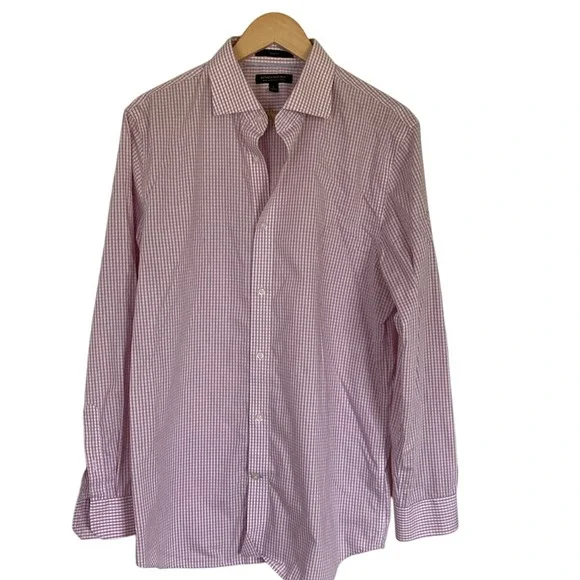 Banana Republic Mens Pink Plaid No Iron Cotton Button Up Shirt‎ Size Large Slim