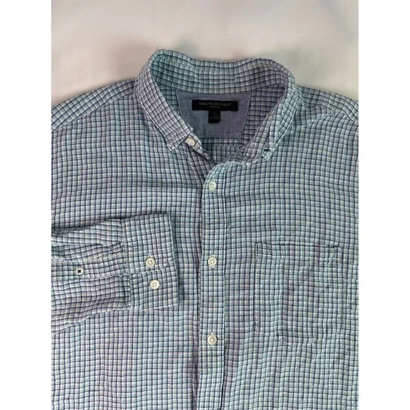 Banana Republic Slim Fit Linen Blend Men Sz L‎ Blue L/s Button Down Plaid Check