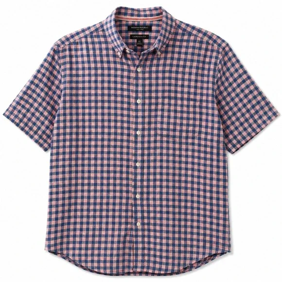 Banana Republic Camden Fit 100% Linen Pink Blue Gingham Plaid Button Shirt XL