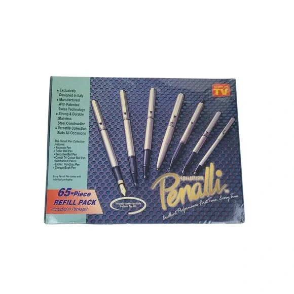 Penalli Pen Collection 7 Piece Set Stainless Steel with 65-Piece Refill Pack NEW