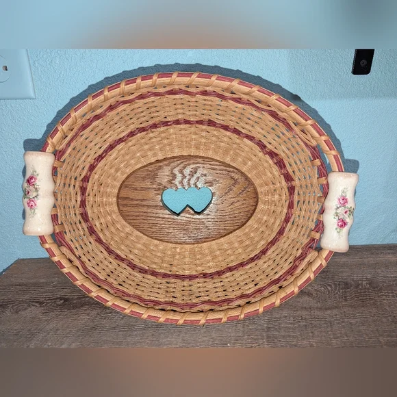 Handcrafted Oval‎ Woven Basket with Ceramic Floral Accent Handles