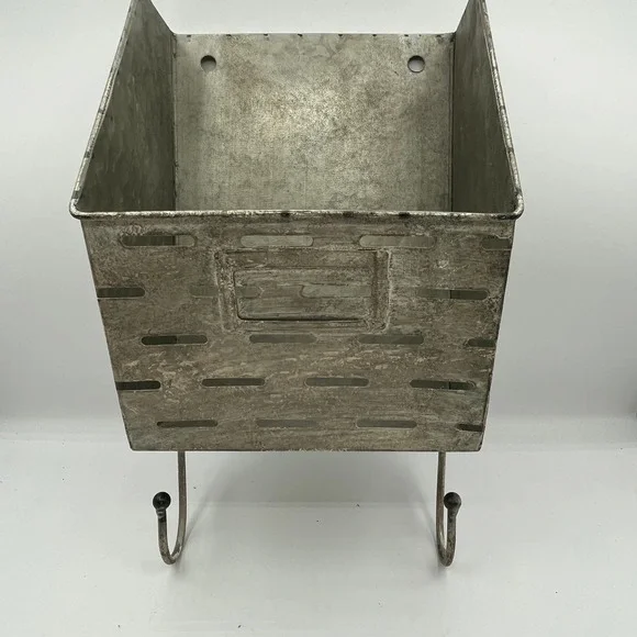 Galvanized Metal Wall Organizer Mail Bin with 2 Hooks Industrial Farmhouse Gray