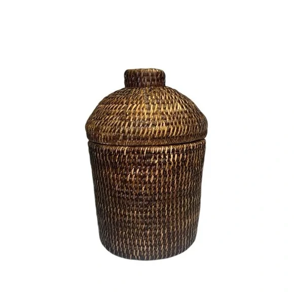 VTG‎ Rattan Wicker Lidded Basket Ginger Jar Woven Coil Cane Storage Vase