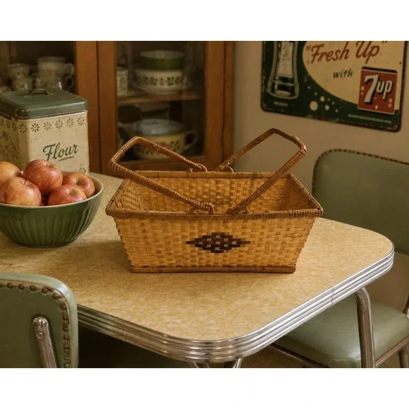 Vintage Woven Wood Splint Picnic Basket Dual Swing Handles Brown Diamond 12x9x4