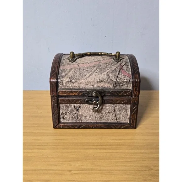 Decorative Wooden Treasure Chest With Antique World Map Pattern. Approx. 5