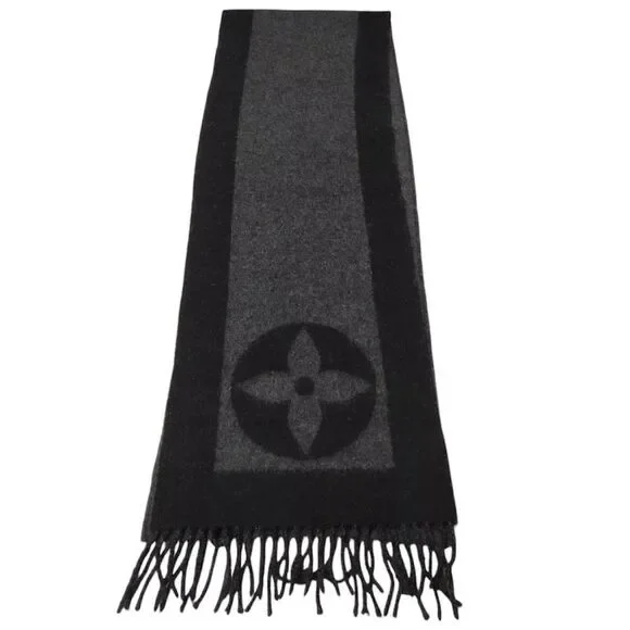 Authentic Louis Vuitton Gray Black Cashmere LV Monogram Baroda Scarf Stole Wrap