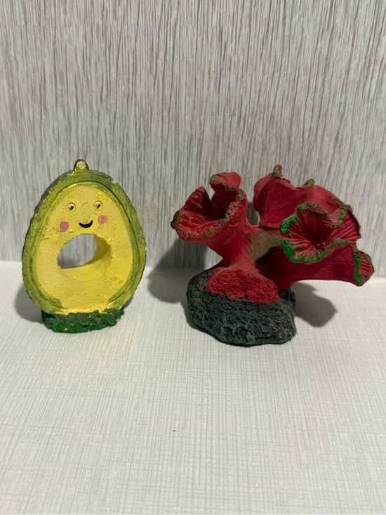 Cute Avocado Figurine & Red Coral Decor Set for Fish Tank