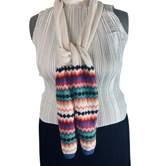 Talbots Multicolor Zigzag Knit Scarf Lambswool Blend Cozy Cabincore Winter Wrap
