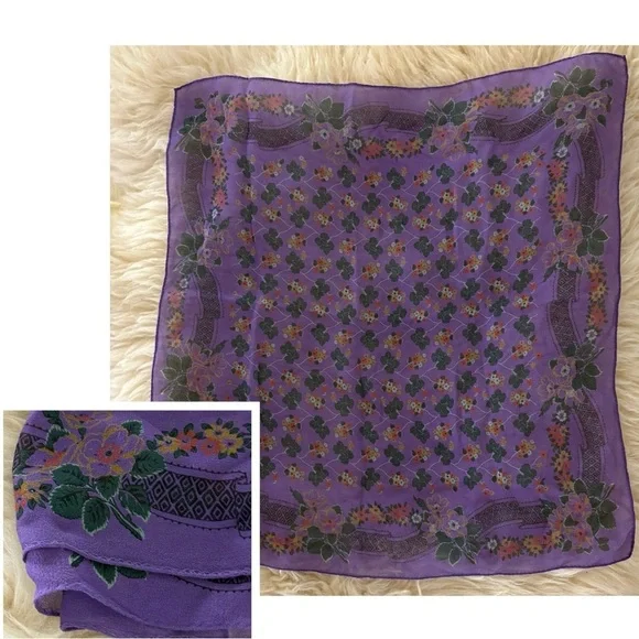 Gorgeous Silk Deep Purple Floral Vintage Scarf