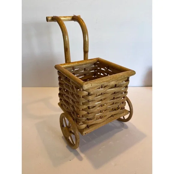 Vintage Wicker Bamboo Mini Push Cart Basket Decorative Planter Rolling Wheels