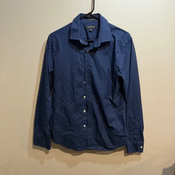 Banana Republic Mens Slim Flex Fit Navy Polka Dot Tech Stretch Cotton Shirt S