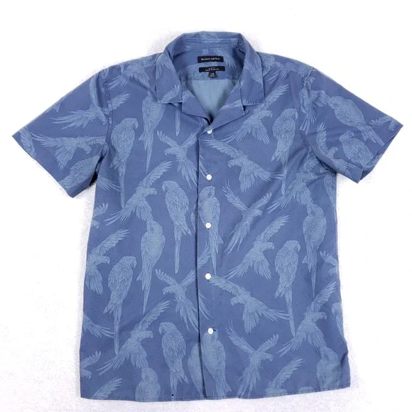 Banana Republic Mens Blue Parrot Bird Print Slim Fit Short Sleeve Shirt Large