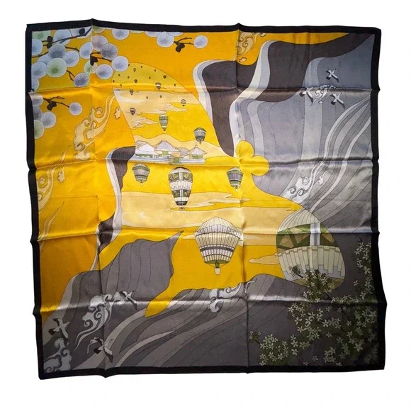Silk Square Scarf‎ Hot Air Balloon Landscape Print Yellow Grey Black 25
