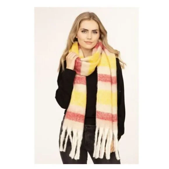 Yellow Red Scarf Winter Yellow Fringed Striped BIG 84