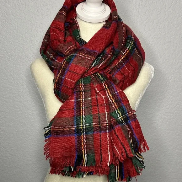 Red Plaid Tartan Fraas Blanket Scarf 78”x39” Winter