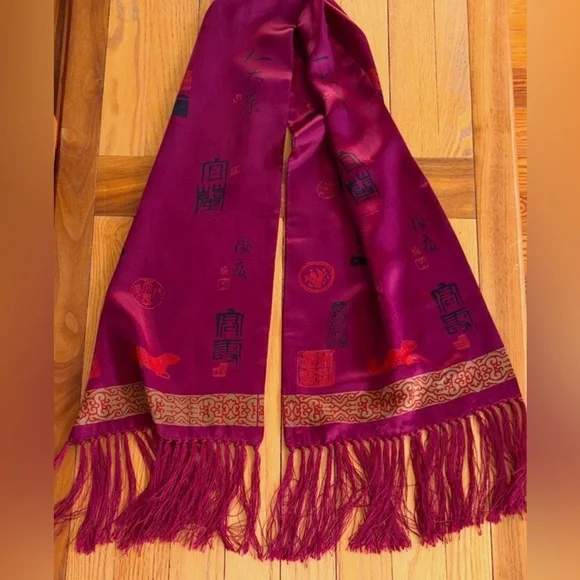 Vintage Silk Chinese Calligraphy Fringe Scarf Magenta Gold Wrap Shawl