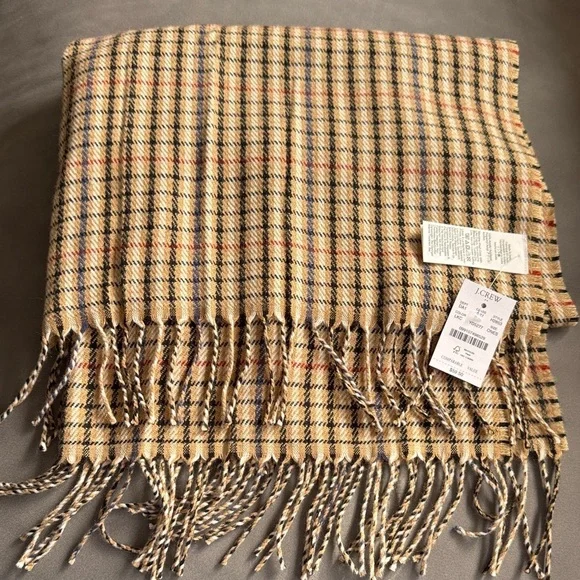 J. Crew tan, blue, black, red, white plaid twist fringe scarf. NWT.