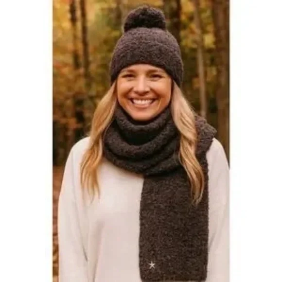 Barefoot Dreams Cozy Chic Pom Pom Beanie & Scarf Set Espresso/Cocoa O/S
