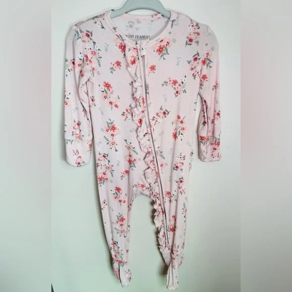 Posh Peanut Pink Floral Ruffled Zippered Footie Size 6-9M