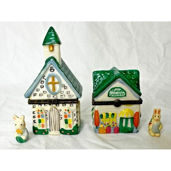 Trinket Box Church Flower Shop Bunny Rabbit Set 2 Mini Ceramic Lid Opens