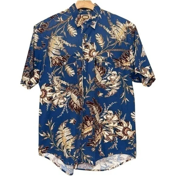 Banana Republic Vintage M Blue Tan Cotton Aloha Hawaiian Print Button Up Shirt