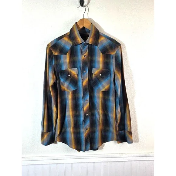 Banana Republic Pearl Snap Western Plaid Shirt Men’s Small Blue Yellow Long