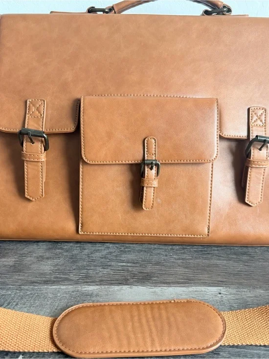 Men's Tan Leather Briefcase Messenger Bag