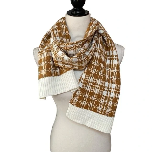 Timberland Camel Plaid Knit Winter Scarf Cozy Neutral NWT