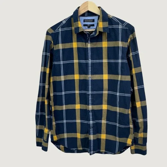 Banana Republic Plaid Button Down Shirt Mens Small Navy Yellow Slim Fit Preppy