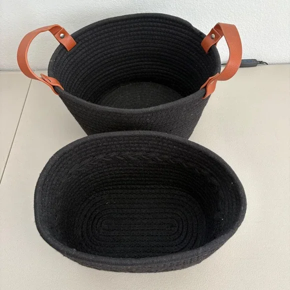 Set of 2 Black Woven Cotton Rope Baskets with Leather Handles Nested Storage