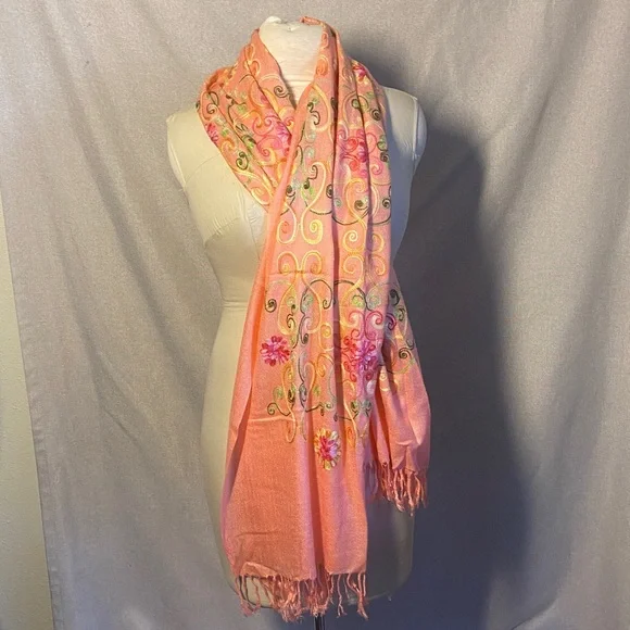 Embroidered Floral Peach Shawl