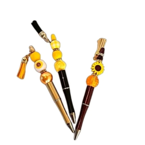 Hand Crafted Beaded Pens Set of 3 Fall Halloween Floral designs Ballpoint Black