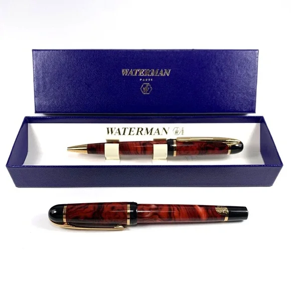 Waterman Phileas Red Marble Fountain Pen & Rollerball Set in Box - Ink & Manual
