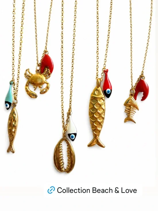 Beach & Love Gold Fish Pendant Necklace - Red & White Accents