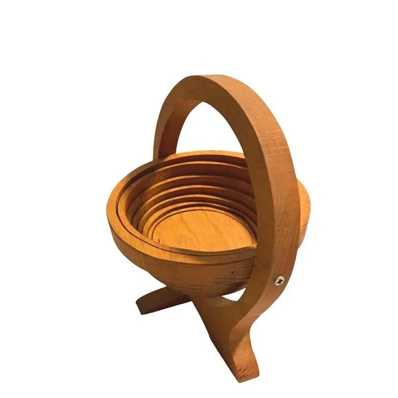 Vintage Collapsible Wooden Fruit Basket Spiral Cut Folding Bowl Trivet MCM