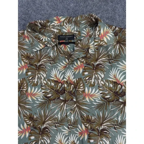 Banana Republic Linen Shirt‎ Mens Large Hawaiian Slim Fit Beach Safari Leaves